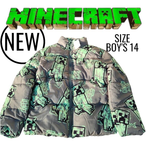 NEW Minecraft Boys Creeper Zip Puffer Jacket Lightweight Size 14 Zippered Size: - Picture 1 of 16